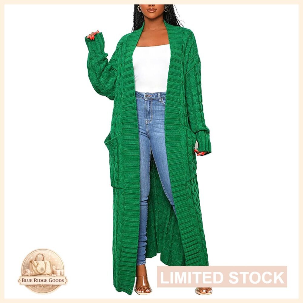 Long Sleeve Open Front Cable Knit Cardigan Sweater with Pockets